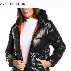SAVE THE DUCK Women's Shiny Black Puffer Jacket with Orange Lining
Size small